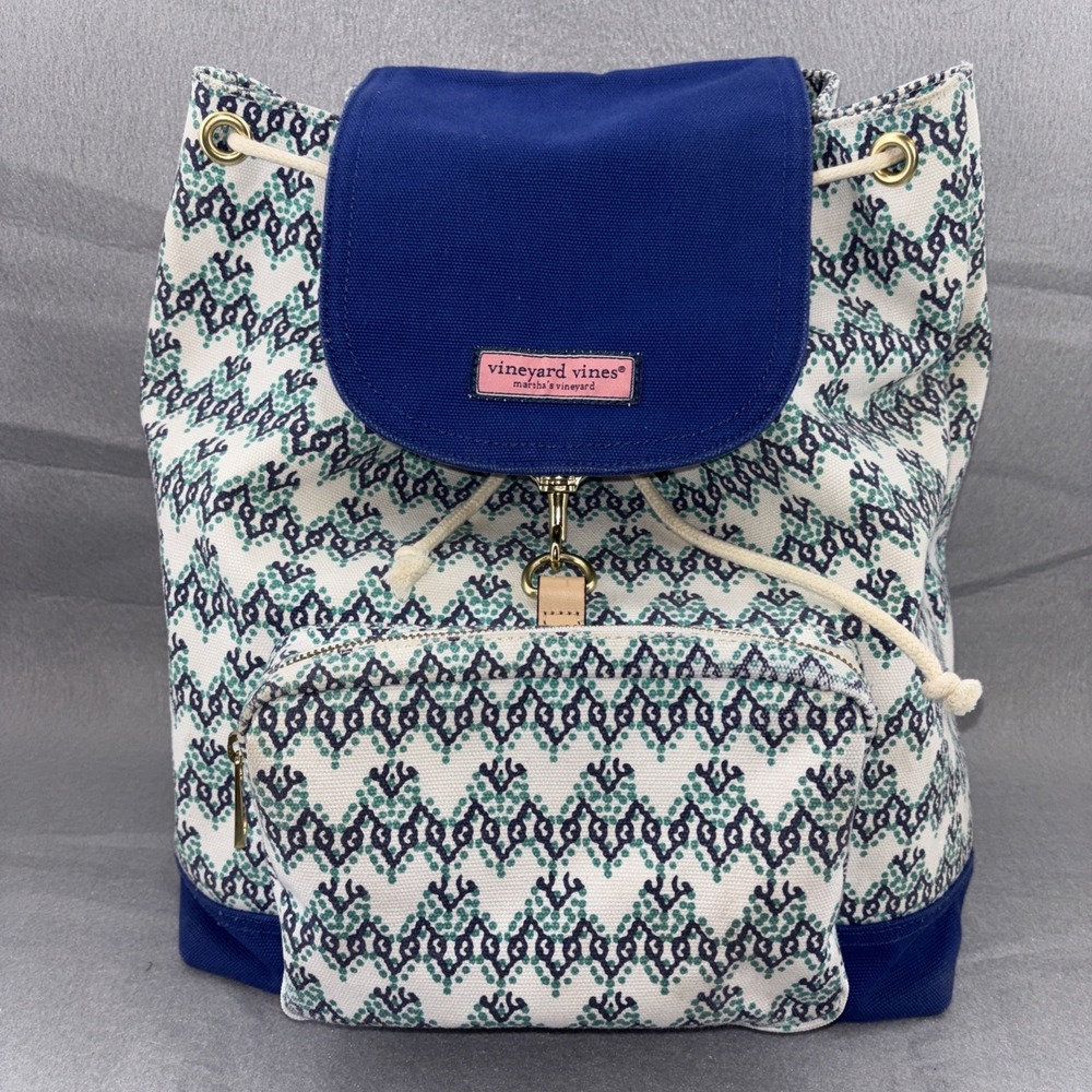 Vineyard Vines Cotton Drawstring Backpack Blue Teal White Pattern Zip Pocket EUC